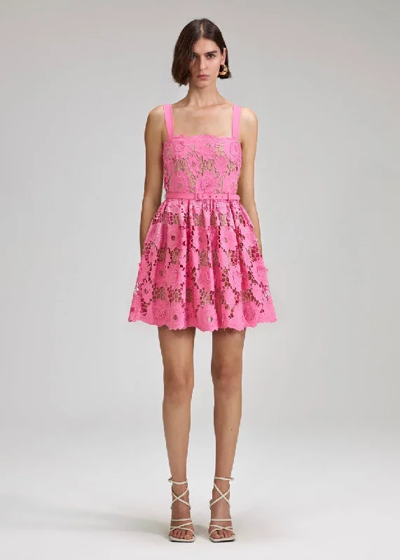 Pink 3D Cotton Lace Mini Dress (Pink) Trendy Denim Mini Dress
