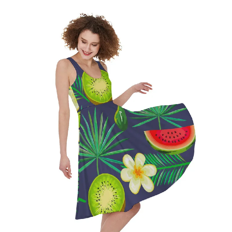 Aloha Tropical Watermelon Pattern Print Sleeveless Knee Length Dress Tunics Trousers formal