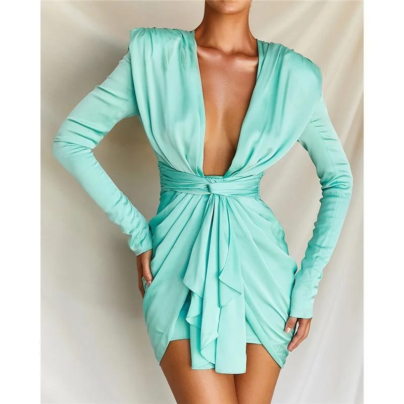FashionSierra - V neck plunge dress women irregular ruched design long sleeve dress Autumn elegant ladies party dresses vestidos mujer Tunics Vintage classic