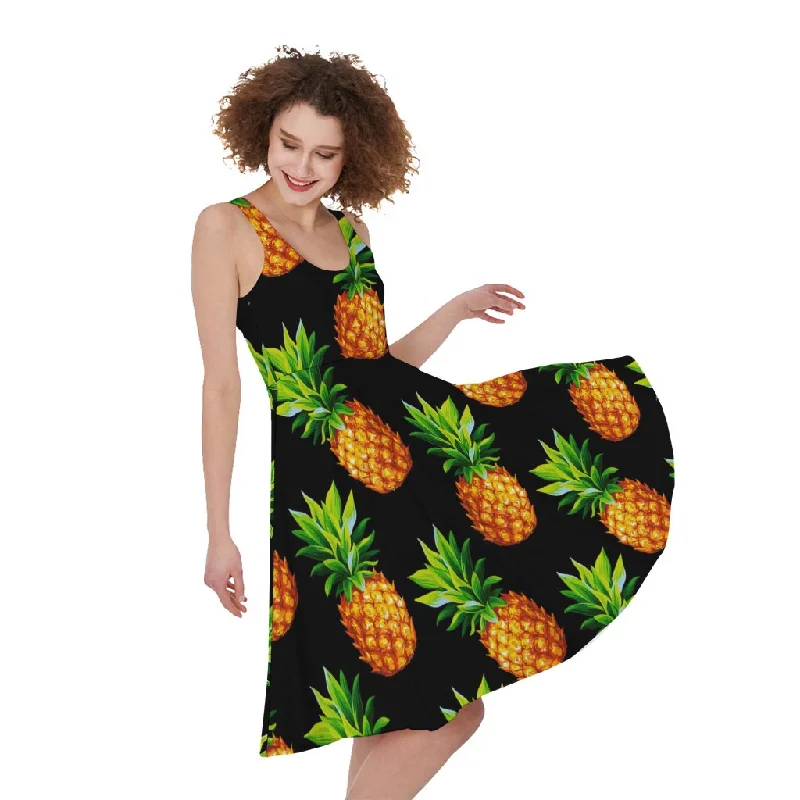 Black Pineapple Pattern Print Sleeveless Knee Length Dress Tunics Corduroy durable