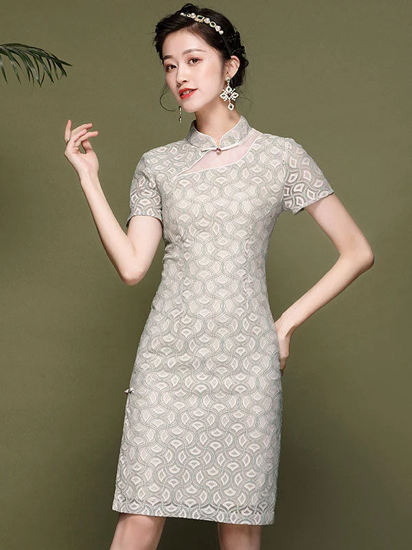 Summer Lace Short Qipao / Cheongsam Party Dress Tunics Wedding white