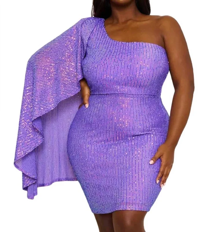 One Shoulder Sequin Party Dress In Purple Tunics Mesh breathable