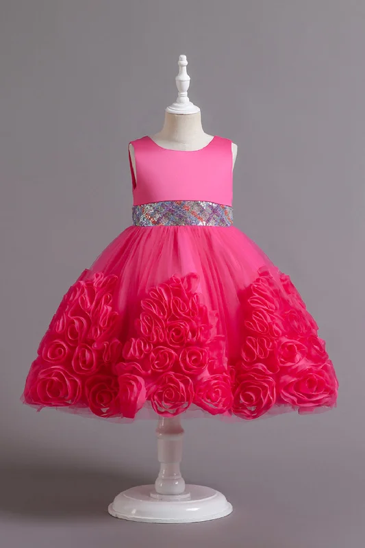Fuchsia A Line Sequin Flower Girls' Party Dress With Bow empire Waist empire