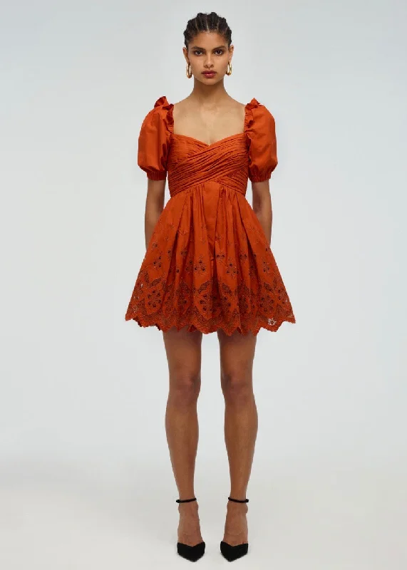 Floral Broderie Mini Dress (Cinnamon) Trendy Mini Dress with Belt
