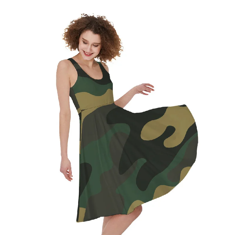 Black And Green Camouflage Print Sleeveless Knee Length Dress Tunics Versatile functional