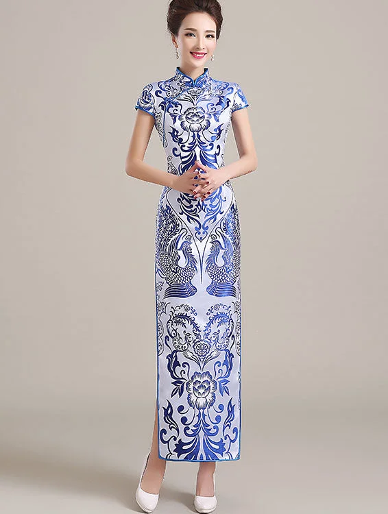 Long Qipao / Cheongsam Party Dress in Blue and White Pattern Tunics Corduroy durable