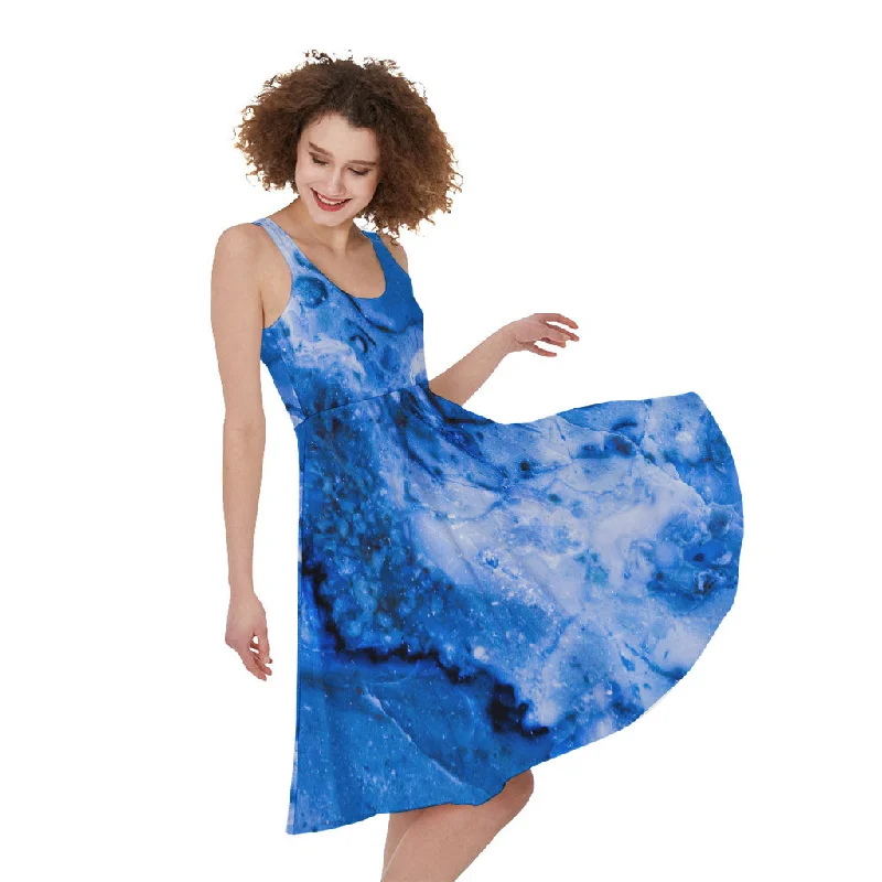 Blue Sapphire Marble Print Sleeveless Knee Length Dress Crew Neckline Casual