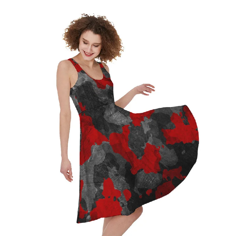 Black And Red Camouflage Print Sleeveless Knee Length Dress Tunics Bestseller popular