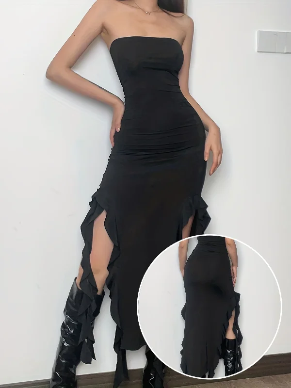 Elegant Bodycon Bandeau Party Dress - Sleeveless, Asymmetrical Hem, Stretch Fit, Long Length for Spring-to-Fall Chiffon Maxi Beach Elegant Bodycon Bandeau Party Dress - Sleeveless, Asymmetrical Hem, Stretch Fit, Long Length for Spring-to-Fall Chiffon Maxi Beach