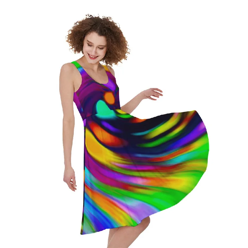 Colorful Spiral Trippy Print Sleeveless Knee Length Dress Tunics Business professional