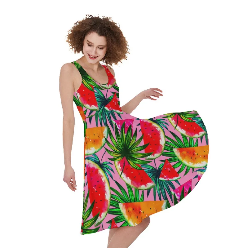 Colorful Leaf Watermelon Pattern Print Sleeveless Knee Length Dress Tunics New arrival