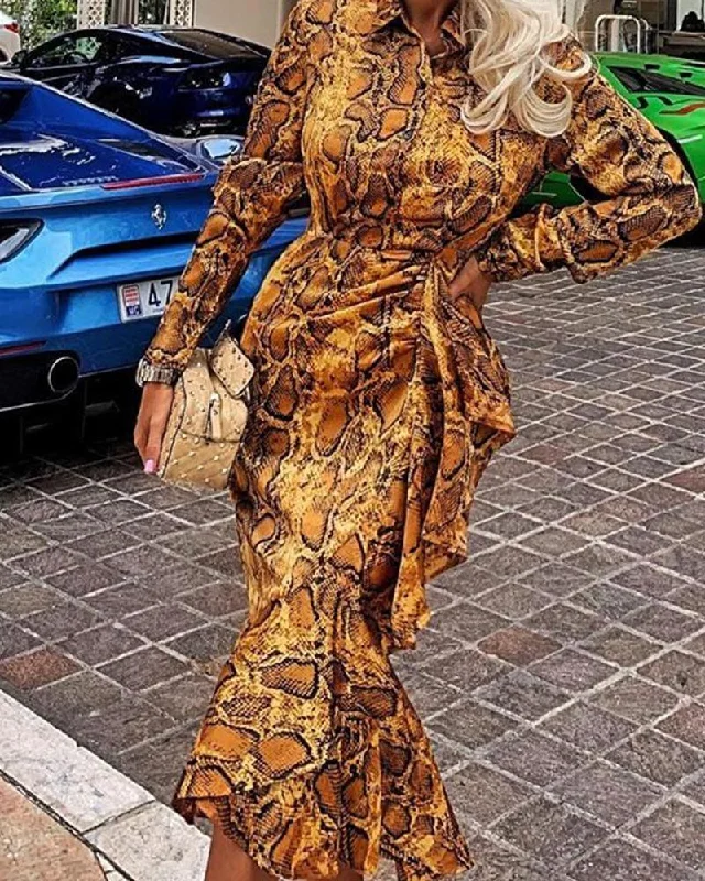 FashionSierra - Snake Print Midi Fishtail Dress Women Ruffles Designed Long Sleeve Dress Winter 2019 Elegant Ol Party Dresses Tunics Brand named