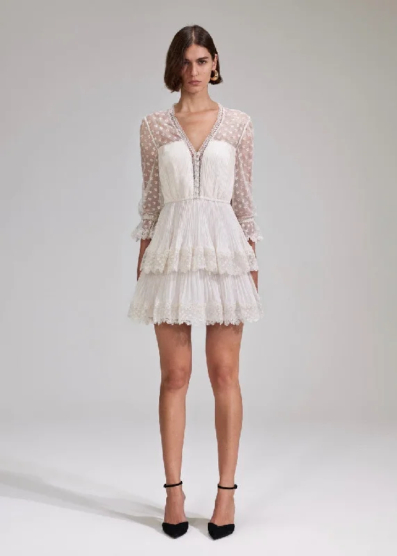 Cream Chiffon Lace Tiered Mini Dress (Cream) Chic Halter Mini Dress