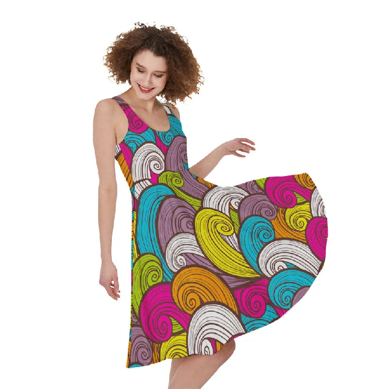 Colorful Surfing Wave Pattern Print Sleeveless Knee Length Dress Tunics Running lightweight