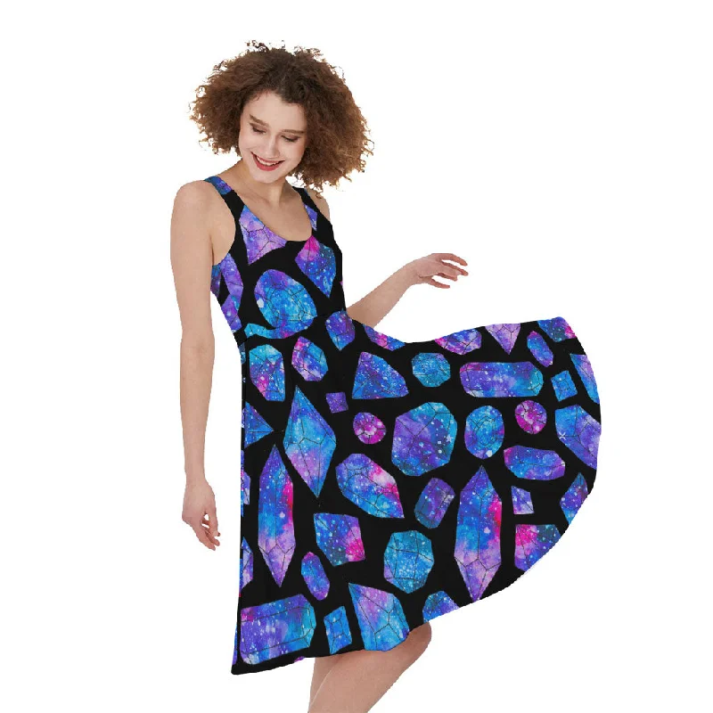 Blue Crystal Cosmic Galaxy Space Print Sleeveless Knee Length Dress Tunics Evening elegant