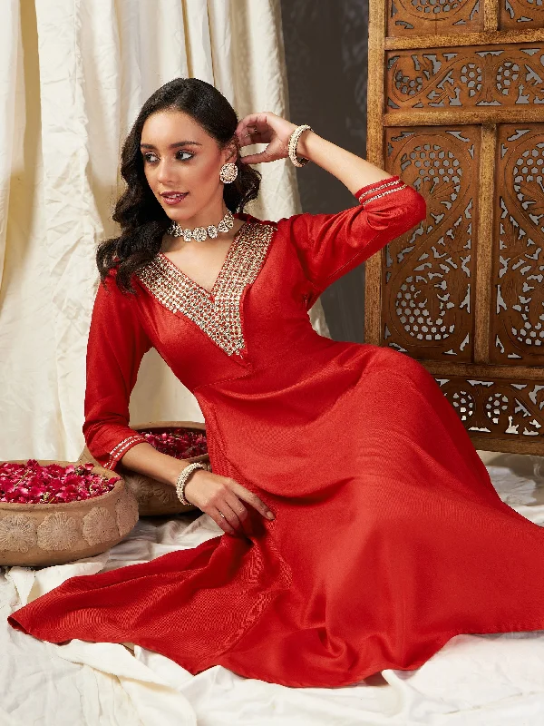 Women Red Zari Embroidered A-Line Dress empire Waist empire