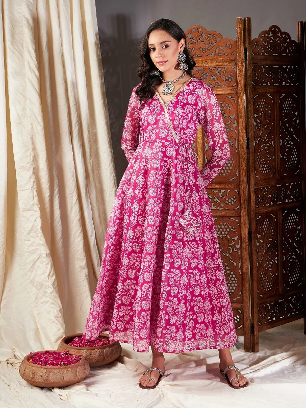 Women Pink Floral Wrap Anarkali Dress Tunics Solid Classic