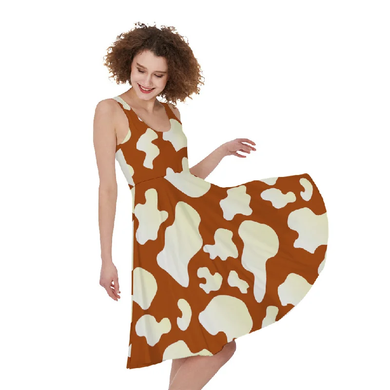 Chocolate And Milk Cow Print Sleeveless Knee Length Dress Tunics Floral girly