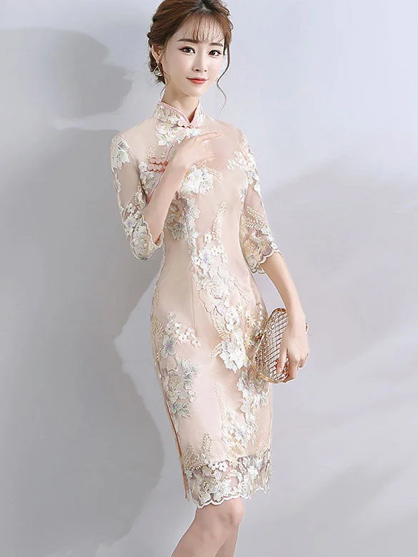 Champagne Embroidered Midi Qipao / Cheongsam Party Dress Tunics Winter warm