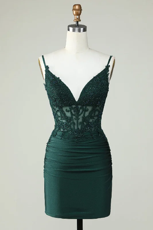 Spaghetti Straps Dark Green Corset Party Dress with Beading Turtleneck Warm Winter