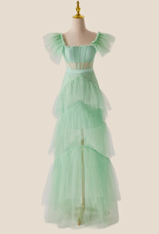 Mint Green Flare Sleeves Ruffles Long Party Dress Shift Classic Vintage