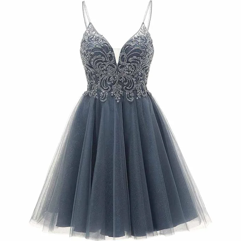 Tulle Homecoming Dresses Teens Short Prom Dress Juniors Beaded Lace Mini Dresses Comfortable Fit-and-Flare Mini Dress