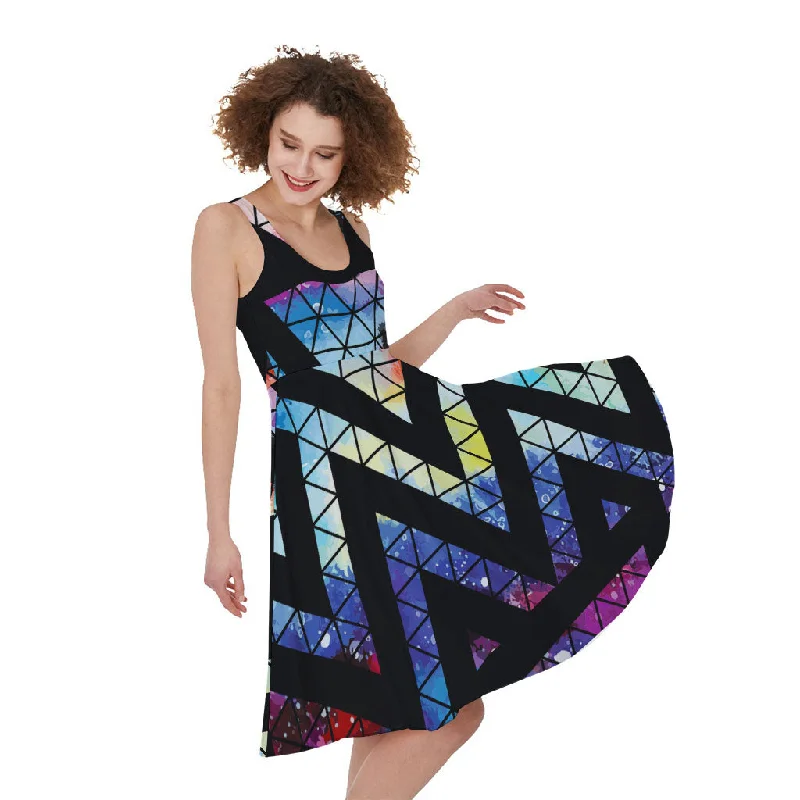 Black Triangle Galaxy Space Print Sleeveless Knee Length Dress Tunics Lace romantic