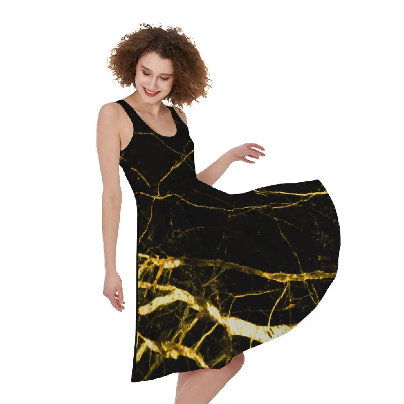 Black Gold Scratch Marble Print Sleeveless Knee Length Dress Tunics Office stylish