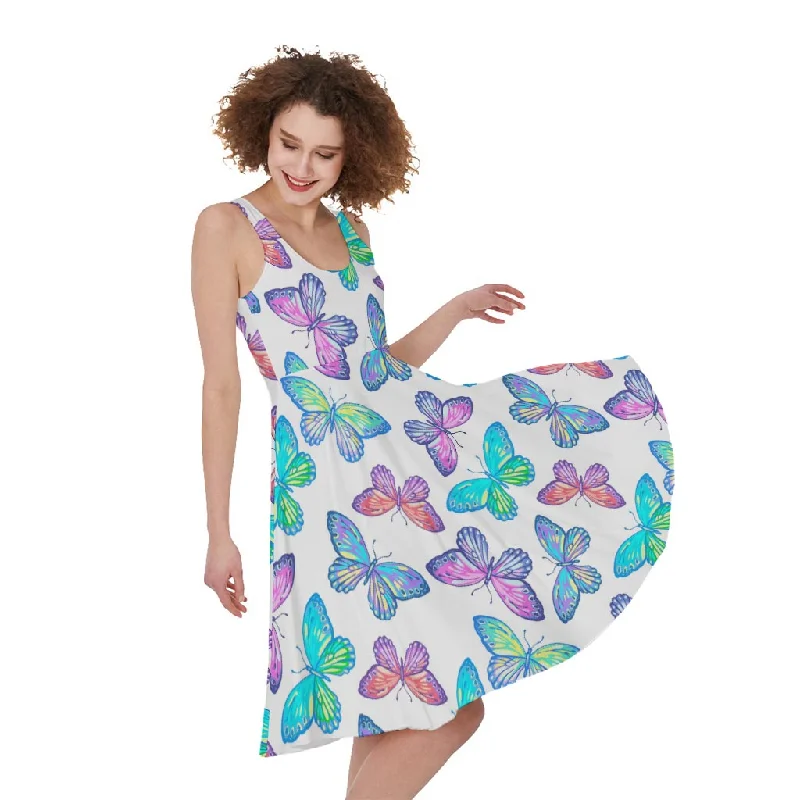 Colorful Butterfly Pattern Print Sleeveless Knee Length Dress Tunics Luxurious high-end