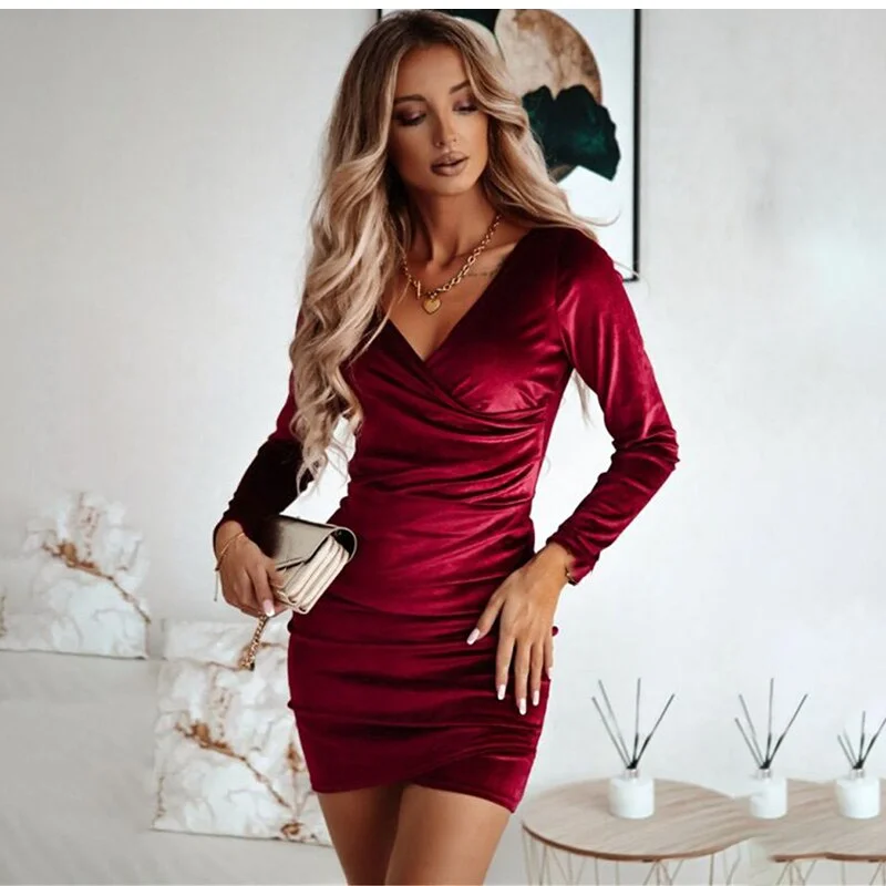 FashionSierra - Casual V-neck Long Sleeve Bodycon Party Dress Tunics Formal black
