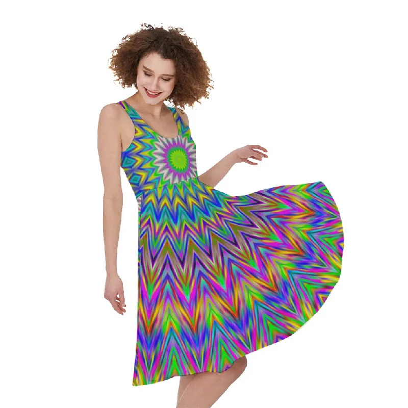 Colorful Psychedelic Optical Illusion Sleeveless Knee Length Dress Tunics Party sparkling