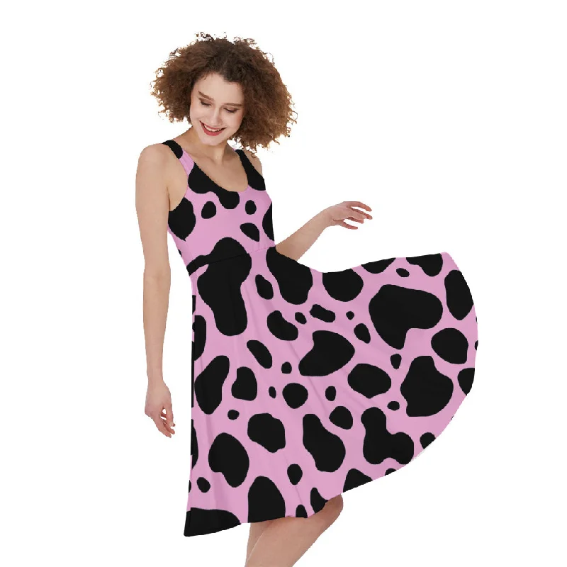 Black And Pink Cow Print Sleeveless Knee Length Dress Tunics Recommended stylist