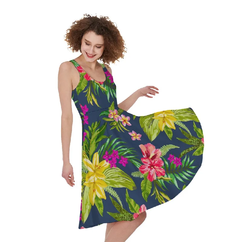 Aloha Hawaiian Flowers Pattern Print Sleeveless Knee Length Dress Tunics Designer luxury
