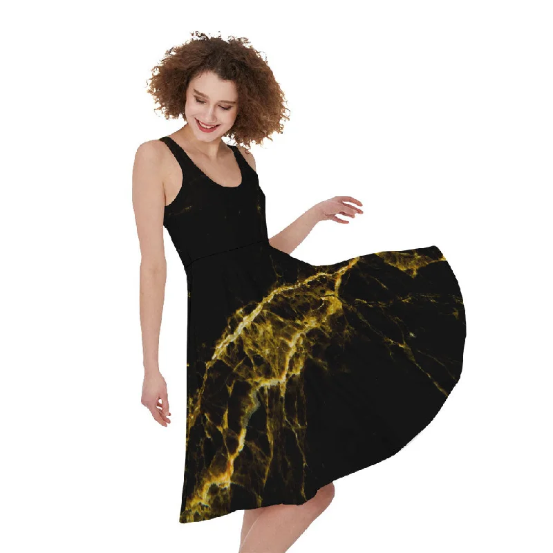 Black Gold Marble Print Sleeveless Knee Length Dress Tunics Party sparkling