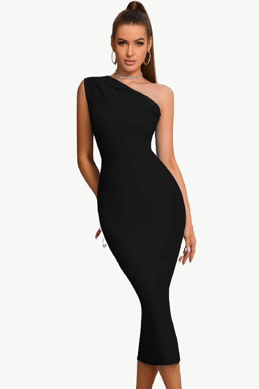 Bodycon One Shoulder Black Party Dress Square Neckline Feminine