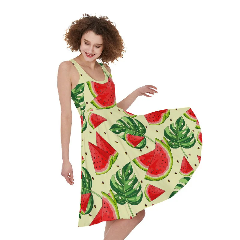 Cute Tropical Watermelon Pattern Print Sleeveless Knee Length Dress Maxi Flowy Bohemian