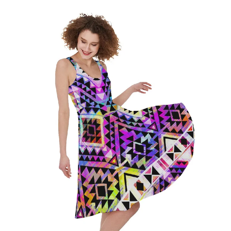 Colorful Aztec Pattern Print Sleeveless Knee Length Dress Shift Classic Vintage