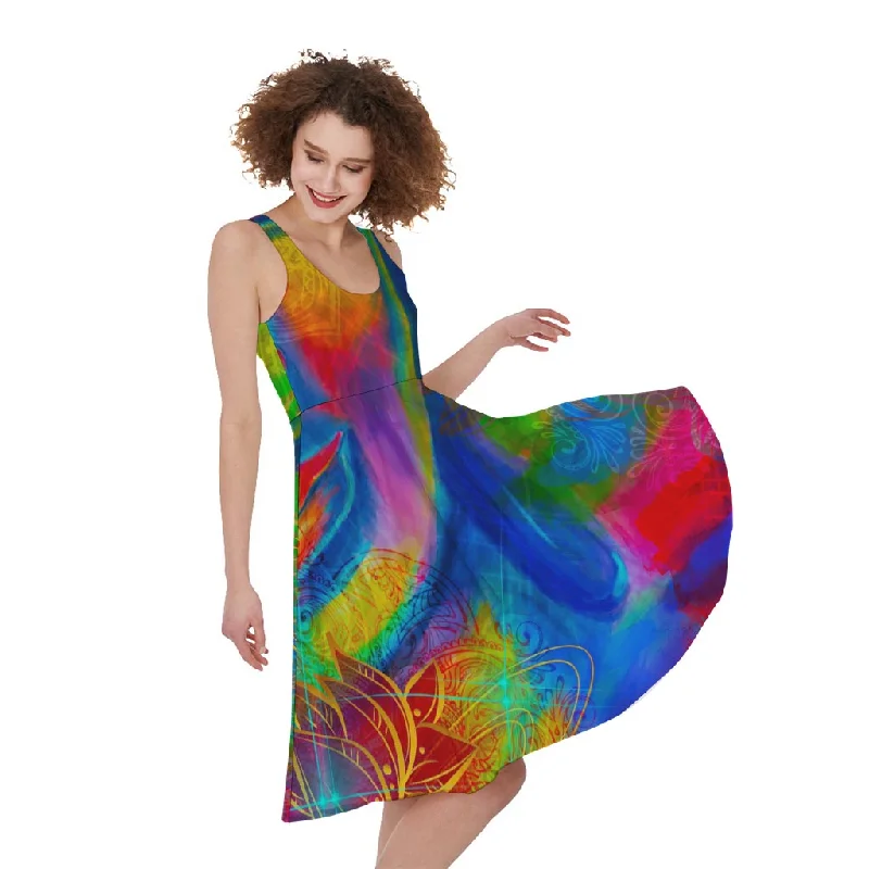 Colorful Buddha Print Sleeveless Knee Length Dress Tunics Practical easy-care