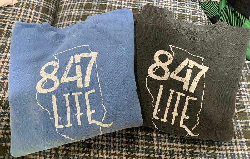 Unisex 847Life Crew Sweatshirt - 2 Colors Hoodie with Hem Frayed Vintage Worn