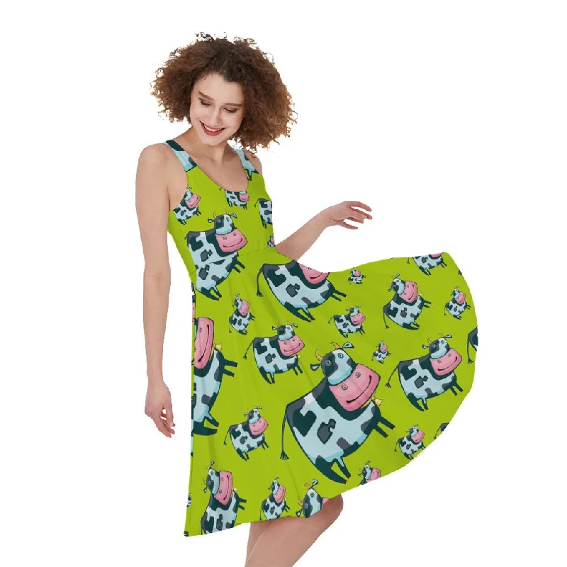 Cartoon Smiley Cow Pattern Print Sleeveless Knee Length Dress Tunics Satin smooth