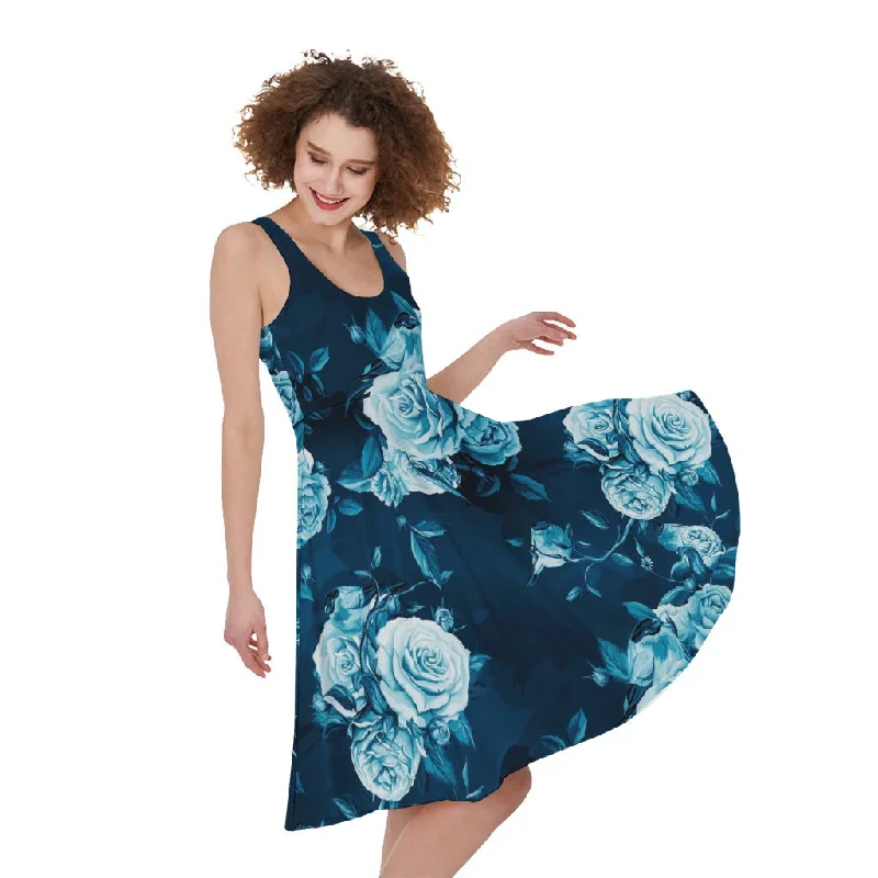 Blue Rose Floral Flower Pattern Print Sleeveless Knee Length Dress Turtleneck Warm Winter