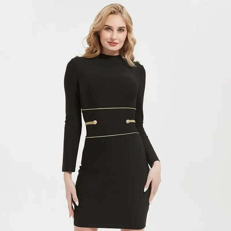 Hashupha 2022 Summer Black Mini Bandage Dress Women's Button Long Sleeve O Neck Bodycon Sexy Elegant Club Evening Party Dresses Tunics Prom sequined