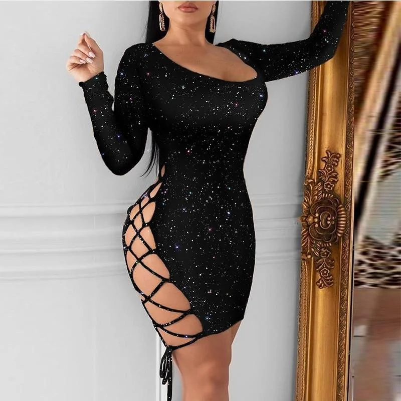 FashionSierra - Women Glitter Lace-Up Dress Long Sleeve Backless Sexy Night Out Club Party Dress Bodycon Stretchy Mini Dresses Vestidos Tunics Mesh breathable