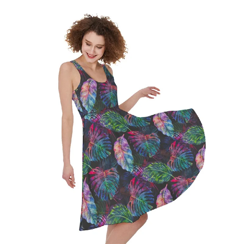 Colorful Tropical Leaves Pattern Print Sleeveless Knee Length Dress Tunics Gym athletic