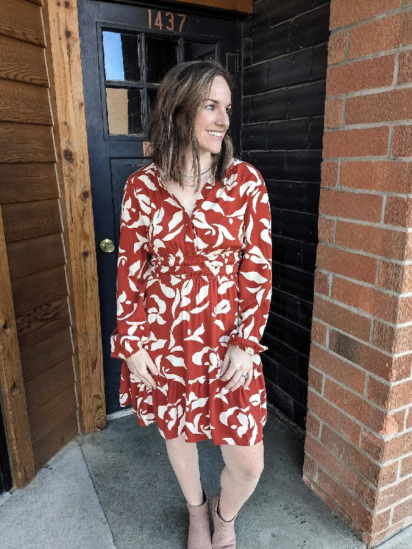 Samantha Split V Mini Dress - Brick/Ivory Trendy Floral Mini Dress