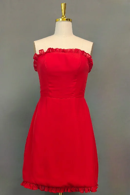 Red Homecoming Dresses Ruffles Strapless Tight Mini Dresses Chic Puff Sleeve Mini Dress