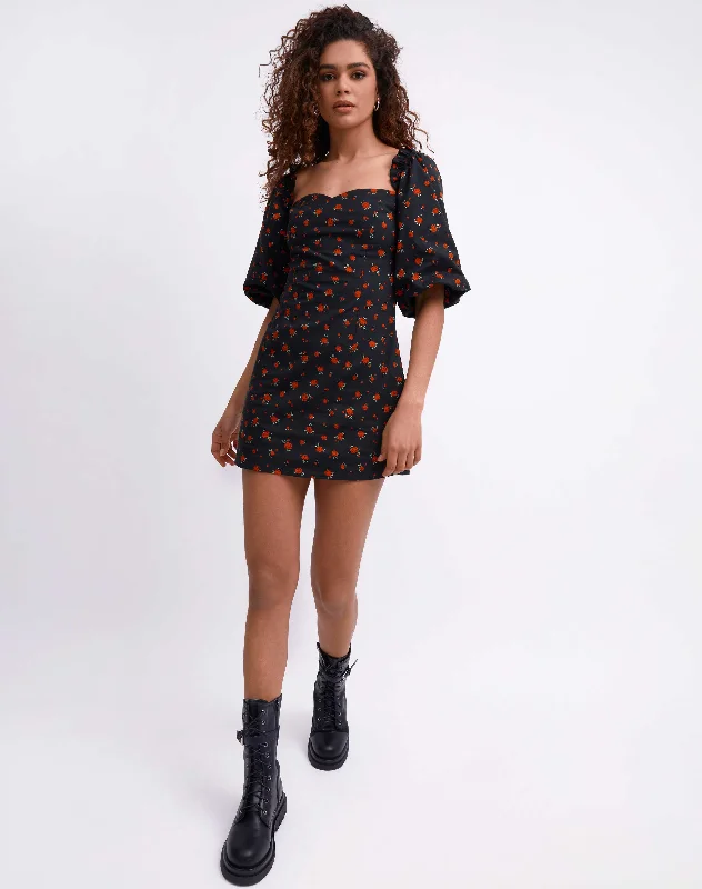 Puff Sleeve Square Neck Mini Dress in Rose Print | Charlotte Stylish Spaghetti Strap Mini Dress