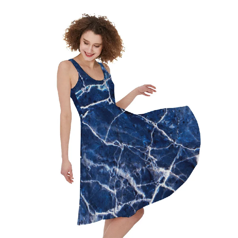 Blue White Marble Print Sleeveless Knee Length Dress Tunics Stylish modern