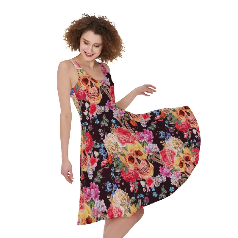 Blossom Peony Skull Pattern Print Sleeveless Knee Length Dress Tunics Trendy modern