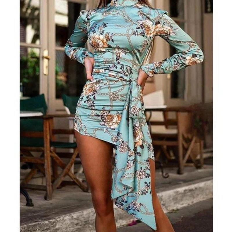 FashionSierra - Floral print ruched designed mini dress women Turtleneck long sleeve dress Autumn  Bodycon sexy party dresses vestidos mujer Tunics Versatile functional